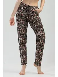Vienetta Kadın Pijama Altı Siyah Çiçekli Paisley Desenli Cepli Vienetta K111529