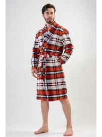 Vienetta Erkek Polar Sabahlık Lacivert Ekose Kuşaklı Vienetta Loft K201002