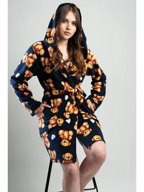 Vienetta Kadın Lacivert Peluş Kapüşonlu Kısa Sabahlık Ayıcık Desenli Vienetta K201043