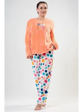 Vienetta Kadın Polar Pijama Takımı Turuncu Üst Renkli Puantiye Alt Vienetta Softpure K202110