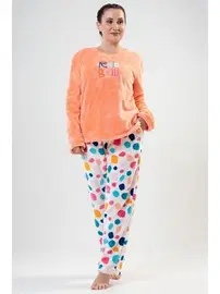 Vienetta Kadın Polar Pijama Takımı Turuncu Üst Renkli Puantiye Alt Vienetta Softpure K202110