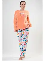 Kadın Polar Pijama Takımı Turuncu Üst Renkli Puantiye Alt Vienetta Softpure K202110