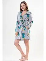 Kadın Polar Sabahlık Kapüşonlu Gri Melanj Kuş Desenli Vienetta K203187 Gri Melanj