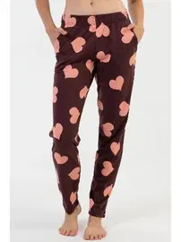Vienetta Kadın Pijama Altı Bordo Pembe Kalp Desenli Vienetta K204011