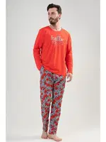 Hello Yazılı Uzun Kollu Erfkek Pijama Takımı Vienetta 204053  Kırmızı detay görünüm