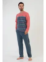 Çizgili V Yaka Uzun Kollu Erkek Pijama Takımı Vienetta 204122 Mercan görsel 4
