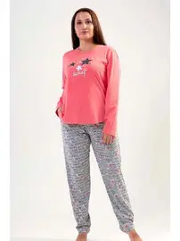 Vienetta Kadın Pijama Takımı Gri Melanj Uzun Kollu Desenli Alt Vienetta K204179