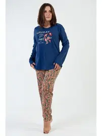 Vienetta Pamuklu Baskılı Uzun Kollu Lacivert Pijama Takımı Vienetta K206017