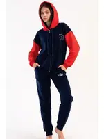 Kadın Polar Pijama Takımı Kapüşonlu Lacivert Kırmızı Ayı Nakışlı Vienetta Loft K303053 Lacivert