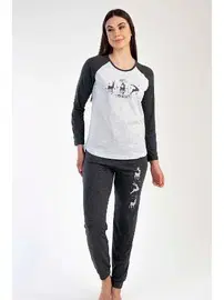 Vienetta Kadın Pijama Takımı Gri Melanj Antrasit Raglan Uzun Kollu Geyik Baskılı Vienetta K304101