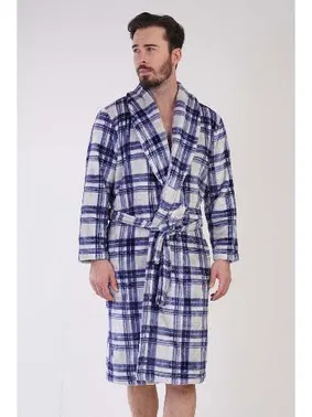 Vienetta Erkek Polar Sabahlık Lacivert Kareli Kuşaklı Vienetta K310082