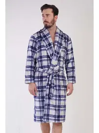 Vienetta Erkek Polar Sabahlık Lacivert Kareli Kuşaklı Vienetta K310082