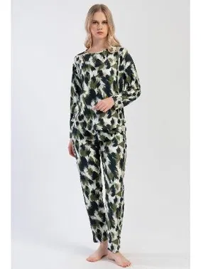 Vienetta Kadın Pijama Takımı Yeşil Siyah Fırça Desenli Vienetta K312102
