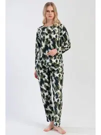 Vienetta Kadın Pijama Takımı Yeşil Siyah Fırça Desenli Vienetta K312102