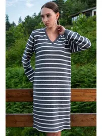 Vienetta Çizgili V Yaka Uzun Kollu Kadın Elbise Vienetta K405058