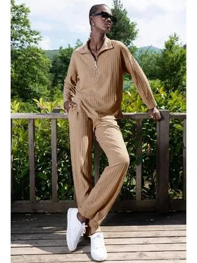 Vienetta Fitilli Uzun Kollu Fermuarlı Dik Yaka Kadın Pijama Takımı Vienetta K405062