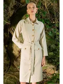 Vienetta Önden Düğmeli Kemerli Bej Kadın Elbise Vienetta K405093