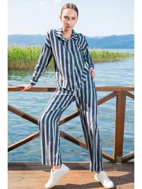 Vienetta Çizgili Gömlek Yaka Uzun Kollu Kadın Pijama Takım Vienetta K405096