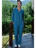 V Yaka Uzun Kollu Cepli Kadın Pijama Takımı Vienetta K405103 Safir