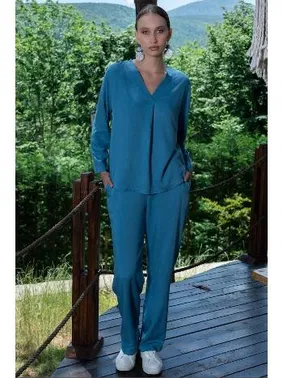 Vienetta V Yaka Uzun Kollu Cepli Kadın Pijama Takımı Vienetta K405103