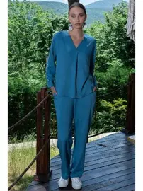 Vienetta V Yaka Uzun Kollu Cepli Kadın Pijama Takımı Vienetta K405103