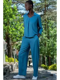 Vienetta Mavi Pamuklu Uzun Kollu Gömlek Yaka Kadın Pijama Takımı Vienetta K405104