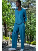 Mavi Pamuklu Uzun Kollu Gömlek Yaka Kadın Pijama Takımı Vienetta K405104 Safir