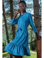 Belden Bağlamalı Mavi Uzun Kollu Kadın Elbise Vienetta K405105 Safir