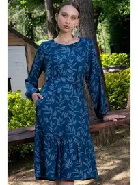 Vienetta Belden Bağlamalı Uzun Kollu Desenli Kadın Elbise Vienetta K405109