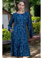 Belden Bağlamalı Uzun Kollu Desenli Kadın Elbise Vienetta K405109 Lacivert