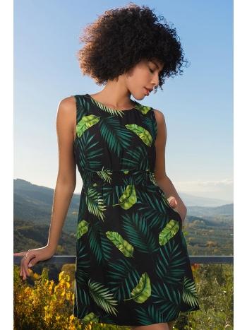 Yaprak Desenli Yeşil Sıfır Kol Kadın Elbise Vienetta K410005