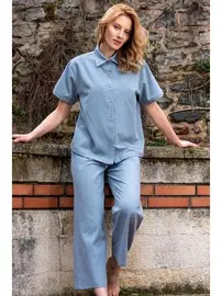 Vienetta Önden Düğmeli Gömlek Yaka Mavi Kadın Pijama Takımı Vienetta K412010