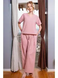 Vienetta Piliseli Pantalon Kısa Kollu Bluz Kadın Ev Giyim Vienetta K412018