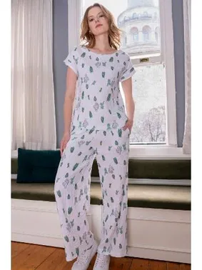 Vienetta Vienetta Plus K412025 Kadın Kaktüs Desenli Beyaz Pijama Takımı