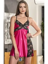 Nathalie Kadın Askılı Siyah Dantel Detaylı Pembe Gecelik Nathalie S-2004