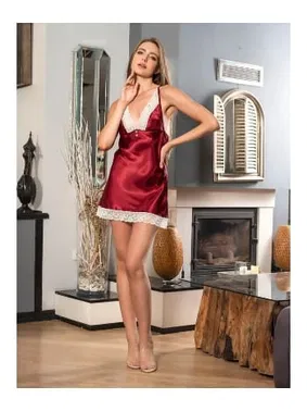 Nathalie Kadın Beyaz Dantel Işlemeli Bordo Gecelik S-2008 - Alternatif Görünüm