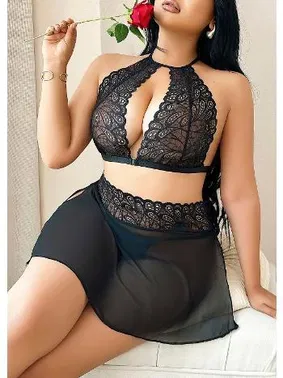 NightLight Kadın Büyük Beden Siyah Dantelli Etekli Gecelik NightLight 3795