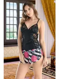 Nathalie Kadın Desenli Siyah -beyaz Saten Şortlu Takım Pijama Nathalie S-1010