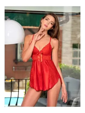Nathalie Kadın Kırmızı Dantel Detaylı Saten Tulum Fantezi Gecelik Nathalie S-6001