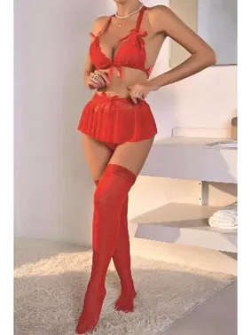 Nathalie Kadın Kırmızı Fiyonklu Fantazi Sütyen Etek Takım Nathalie K-1001 - Alternatif Görünüm