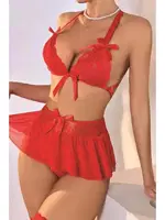 Kadın Kırmızı Fiyonklu Fantazi Sütyen Etek Takım Nathalie K-1001 Kırmızı farklı açı