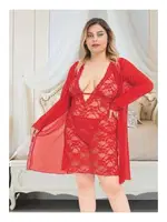 Kadın Kırmızı Sabahlıklı 3lü Tül Takım Gecelik Nathalie B-4005 Kırmızı farklı açı