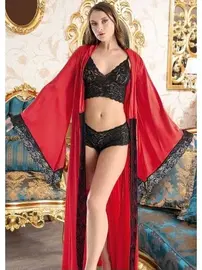 Nathalie Kadın Kırmızı Saten Sabahlıklı Üçlü İç Çamaşiri Takımı Nathalie S-4047