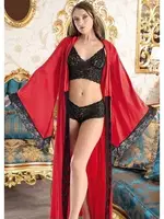 Kadın Kırmızı Saten Sabahlıklı Üçlü İç Çamaşiri Takımı Nathalie S-4047 Siyah