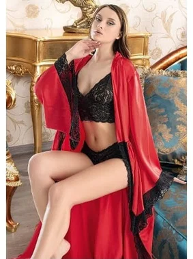 Nathalie Kadın Kırmızı Saten Sabahlıklı Üçlü İç Çamaşiri Takımı Nathalie S-4047 - Alternatif Görünüm