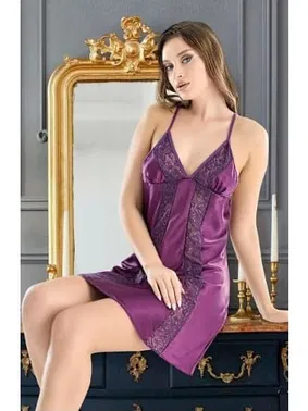 Nathalie Kadın Mor Dantel Detaylı Saten Mini Gecelik Nathalie S-2041