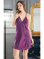 Kadın Mor Dantel Detaylı Saten Mini Gecelik Nathalie S-2041 Mor detay görünüm