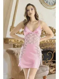 Nathalie Kadın Pembe Tül Detaylı Saten Fantezi Gecelik Nathalie S-2032