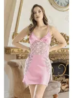 Kadın Pembe Tül Detaylı Saten Fantezi Gecelik Nathalie S-2032 Pembe