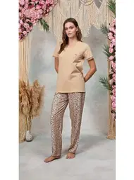 Doreanse Kadın Pudra Leopar Desenli Dantel Detaylı T-Shirt Pijama Takımı Doreanse 25Y4062